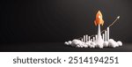 Orange rocket launching among clouds with upward graph bars and arrow on black background. Concept of startup growth and success. 3D Rendering