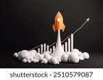 An orange rocket launching with a graph showing upward growth, against a black background. Concept of startup success and business progress. 3D Rendering