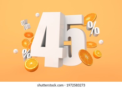 Orange Sale 45% Off, Hot Summer Sale Promotion With Cut Oranges. 3D Render