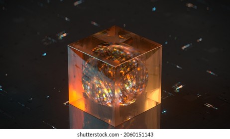 Orange Sci-fi Cube With Ball Of Energy Inside. Futuristic Biotech Concept. 3D Rendering