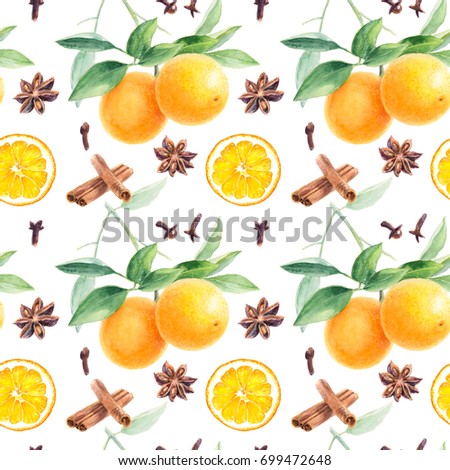 Orange seamless pattern. Orange fruit branch, anise, cloves, cinnamon hand draw watercolor illustration.