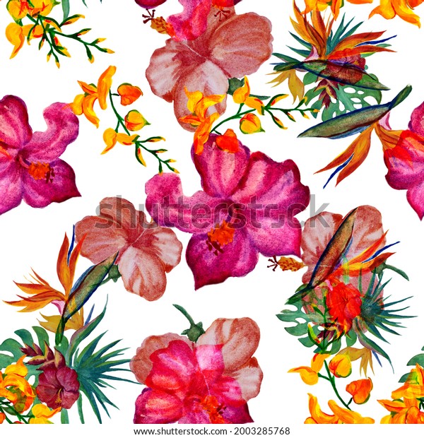 Orange Seamless Plant. Purple Hibiscus Set. Pink Watercolor Painting. Colorful Tropical Print. Yellow Pattern Decor. Floral Foliage. Botanical Print.