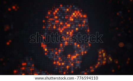Orange skull shape of digital hex code on monitor and bokeh. Hacking and cyber piracy concept. Computer generated illustration rendered with shallow DOF. 3D rendering
