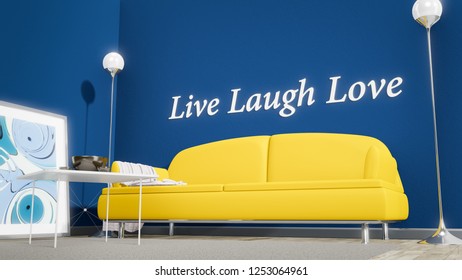 An Orange Sofa In A Blue Room With The Text Live Laugh Love On The Wall 3d Illustration