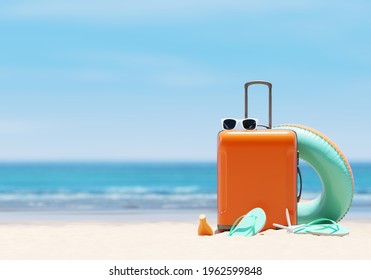 Orange Suitcase With Beach Accessories On Sand, Sea And Sky Background. Summer Travel Concept. 3d Rendering