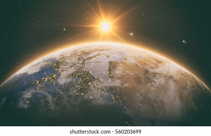 Orange Sunrise Over Earth Seen Space Stock Illustration 560203699