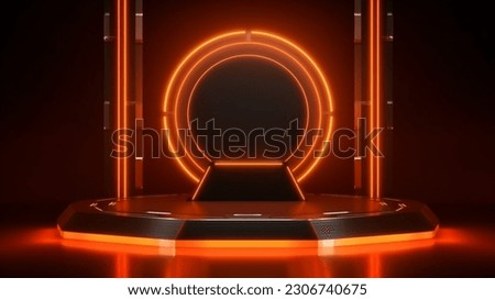 Orange Techno Blaze Igniting a Cyberpunk Spectacle of Futuristic Marvels in Vibrant Neon Glory Product Display Podium High-Tech Modern Technology Electrifying Foto d'archivio © 