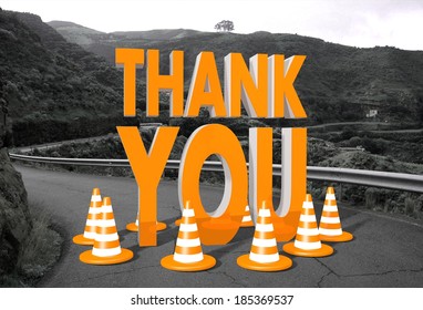 orange thank you sign on a countryside road in remote landscape blocking the way like a construction site