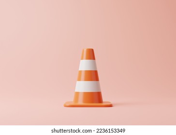 Cono de tráfico anaranjado con franjas blancas sobre fondo rosado. Dibujo de estilo minimalista. Ilustración 3D
