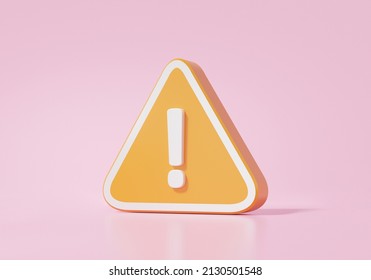 Orange Triangle Warning Symbol Icon On Pink Background. Error Alert Safety Concept. Isolated. 3d Render Illustration