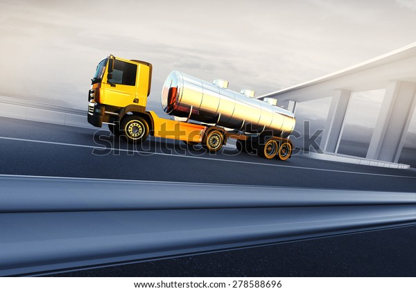 Orange truck with oil cistern on asphalt road\
highway - transportation background\
