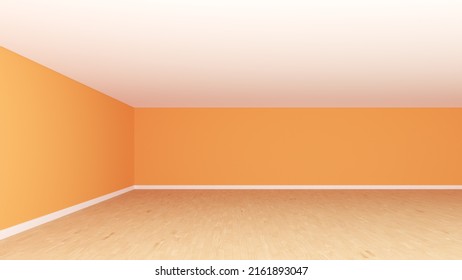 Orange Unfurnished Room, Frontal Corner View. Interior Concept with Light Orange Walls, White Ceiling, Wooden Parquet Flooring and a White Plinth. 3d illustration, 8K Ultra HD, 7680x4320, 300 dpi