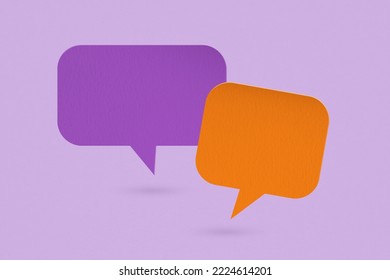 Orange And Violet Speech Bubble Grunge Paper Cut On Grunge Background. Conceptual Image About Communication And Social Media, Customer Feedback