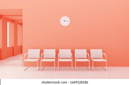 Orange waiting room series, space corridor with seats and wall clock and large windows 3D render