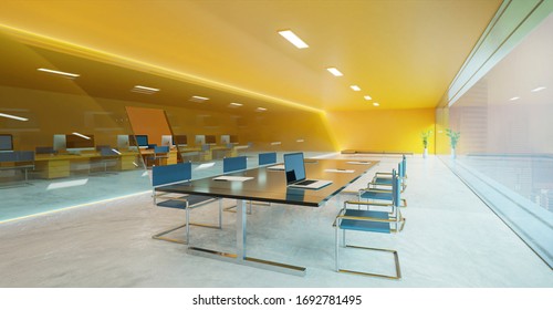 Orange Wall, Cement Floor And Glass Facade Lighting Design Modern Conference Meeting Room With Furniture, Laptops, Panoramic Windows And City View . 3d Rendering And Mixed Media .