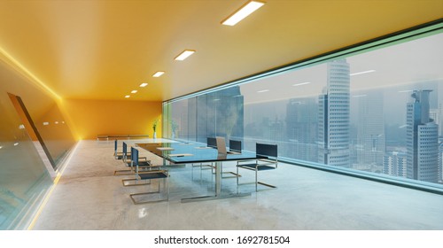 Orange Wall, Cement Floor And Glass Facade Lighting Design Modern Conference Meeting Room With Furniture, Laptops, Panoramic Windows And City View . 3d Rendering And Mixed Media .