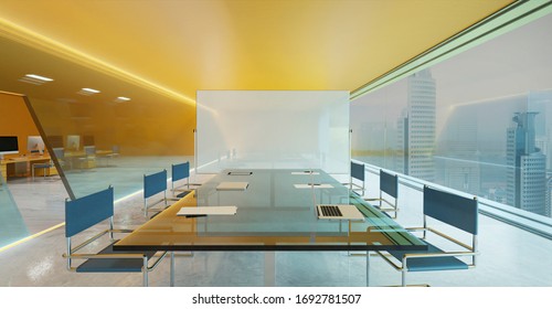 Orange Wall, Cement Floor And Glass Facade Lighting Design Modern Conference Meeting Room With Empty Whiteboard And City View . 3d Rendering And Mixed Media .