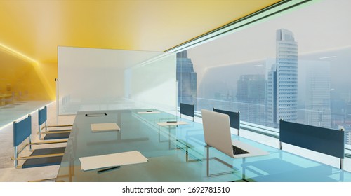 Orange Wall, Cement Floor And Glass Facade Lighting Design Modern Conference Meeting Room With Empty Whiteboard And City View . 3d Rendering And Mixed Media .