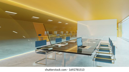 Orange Wall, Cement Floor And Glass Facade Lighting Design Modern Conference Meeting Room With Empty Whiteboard  . 3d Rendering And Mixed Media .