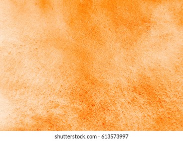Orange watercolor background with stains. Painted watercolour texture. Bright, festive autumn aquarelle template for cards, banners, posters.