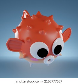 Orange And White Puffer Fish With Big Round Eyes On Blue Background. Design With A 3D Blender Program.