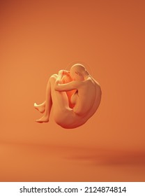 Orange Woman Floating Fetal Foetal Position Studio Shot Space Woman Human Body Back View With Orange Background 3d Illustration Render