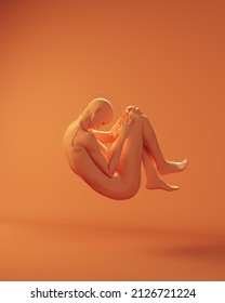 Orange Woman Floating Fetal Foetal Position Studio Shot Space Woman Human Body With Orange Background 3d Illustration Render