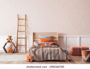 Orange Wooden Bedroom Design, Poster Frame Mockup, 3d Render, 3d Illustration