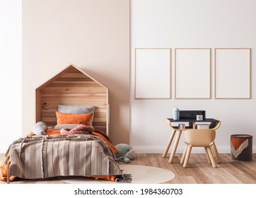 Orange Wooden Bedroom Design, Poster Frame Mockup, 3d Render, 3d Illustration