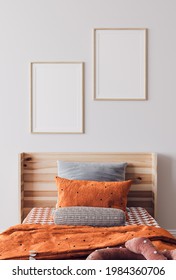 Orange Wooden Bedroom Design, Poster Frame Mockup, 3d Render, 3d Illustration