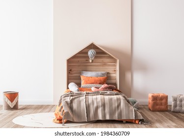 Orange Wooden Bedroom Design, Poster Frame Mockup, 3d Render, 3d Illustration