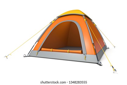 Orange Yellow Camping Tent Side View 3D Rendering Illustration Isolated On White Background