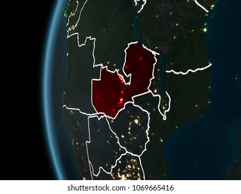 Orbit View Of Zambia Highlighted In Red With Visible Borderlines And City Lights On Planet Earth At Night. 3D Illustration. Elements Of This Image Furnished By NASA.