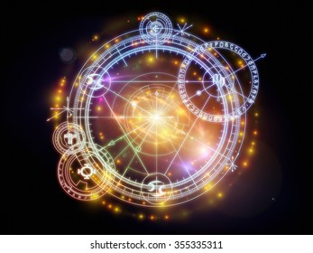 Orbits Of Destiny Series. Abstract Design Made Of Sacred Symbols, Signs, Geometry And Designs On The Subject Of Astrology, Alchemy, Magic, Witchcraft And Fortune Telling