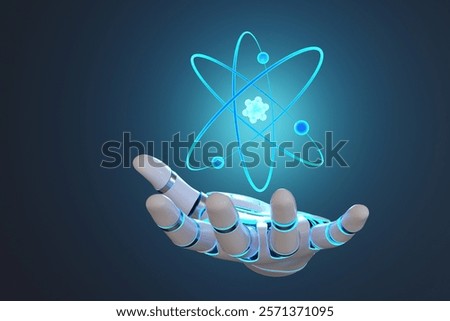 Orbits and structure of an atom floating above the palm of a robot hand in dark background. 3D illustration of the concept of nuclear energy and quantum computing