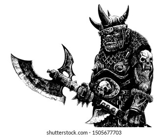 Orc With Ax. Fantasy Black White Drawing. Barbarian Creature Illustration.