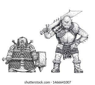 Orc And Dwarf Drawing. Fantasy Illustration. Orc With Ax.