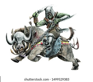 Orc On The Boar. Fantasy Pencil Drawing. Monster Creature Illustration.