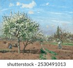 Orchard in Bloom, Louveciennes (1872) by Camille Pissarro. Vintage farm orchard art drawing, old illustration, farm art print. Vintage artwork by Camille Pissarro.