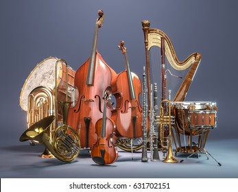 Orchestra musical instruments on grey background. 3D rendering