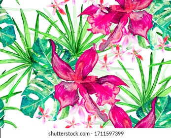 Orchid Seamless Pattern. Green and Red Exotic Hawaiian Design. Thailand Upholstery Texture. Watercolor Floral Background. Tropical Summer Print. Swimwear Print with Orchids, Palm Leaves.