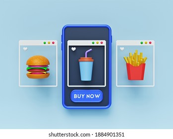 Order Food Online Concept With Smartphone. Modern Mobile Application Interface. Minimal Icons. 3d Rendering