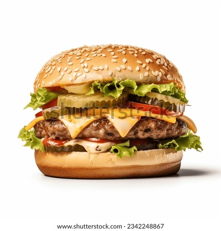 Order our signature burger, a delightful combination of ground beef, fresh lettuce, and juicy tomatoes Foto stock © 
