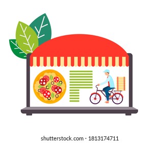 Order pizza online with delivery on the website on the Internet. Delivery man on a bike with pizza on the trunk illustration. - Powered by Shutterstock