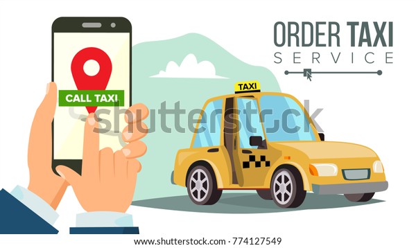 Order\
Taxi App. Hand Holding Smartphone. Call A Taxi Mobile Concept.\
Application For Ordering Taxi. Flat\
Illustration