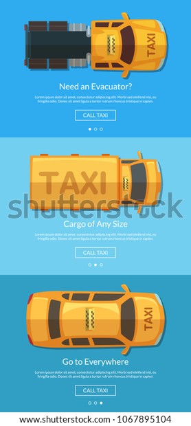 Order taxi app screens with different cars\
top view for tablet templates. Taxi car service, transportation\
cargo and evacuator banner\
illustration
