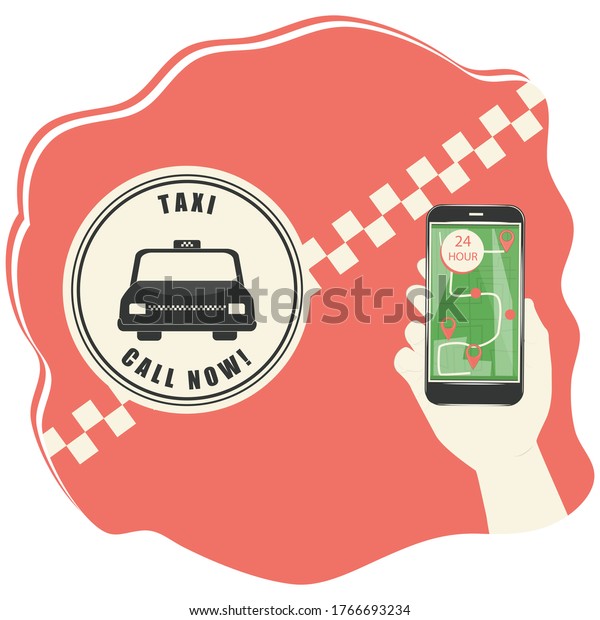 Order Taxi - icon - Call now - in hand a smartphone with
a router 