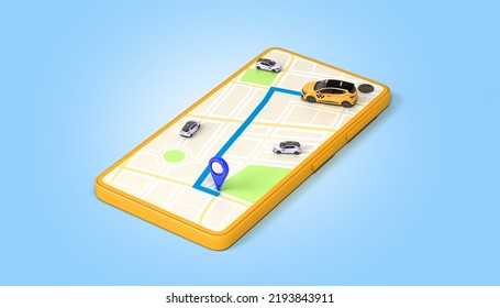 Ordering A Taxi Cab Online Internet Service Transportation Concept Navigation Pin Pointer With  Yellow Taxi On Phone Screen 3d Render Illustration 