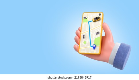 Ordering A Taxi Cab Online Internet Service Transportation Concept Navigation Pin Pointer With  Yellow Taxi On Phone Screen 3d Render Illustration Onblue Gradient