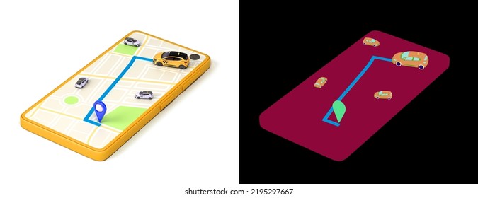 Ordering A Taxi Cab Online Internet Service Transportation Concept Navigation Pin Pointer With  Yellow Taxi On Phone Screen 3d Render Illustration On White With Alpha